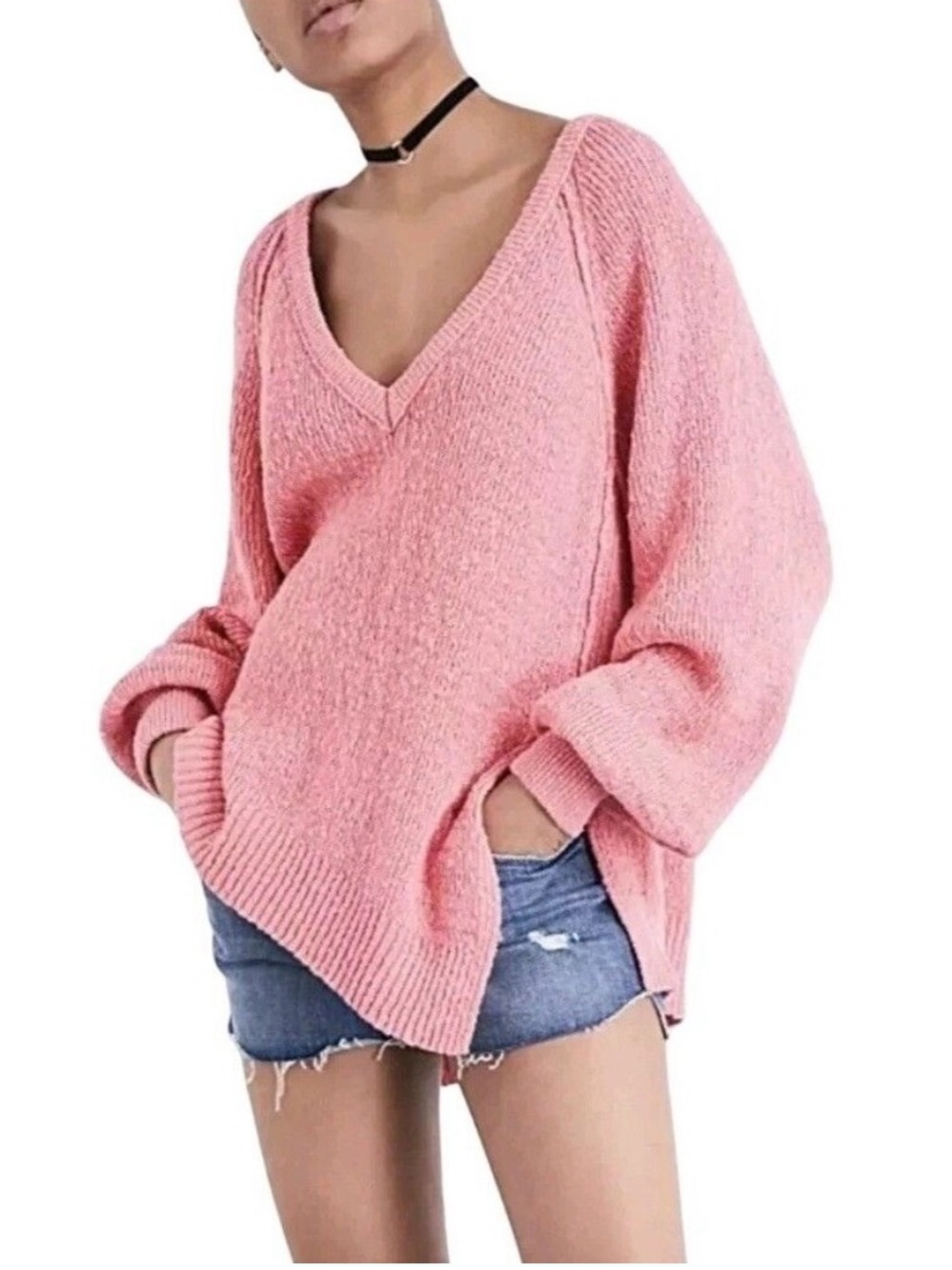 Free People West Coast Oversized Sweater Pink Small V-Neck